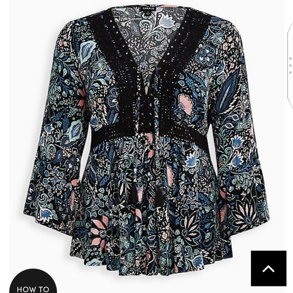 🆕🌸 3X BLACK FLORAL LACE-UP BABYDOLL BOHO TOP 🌸 - Picture 2 of 6